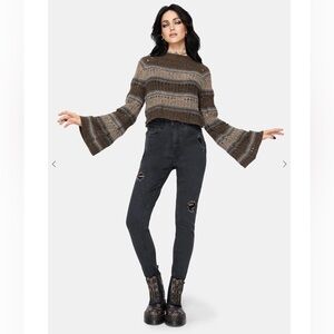 NWT Disturbia Splinter Stripe Knit Flare Sleeve Crop Sweater - Brown Size Small